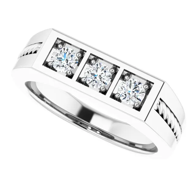 Three Stone 0.50 ctw Round Diamond Rope Design Men's Ring