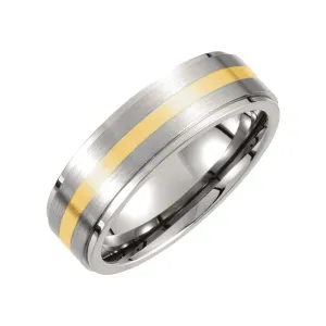 Titanium & 14k Yellow Gold Inlay 7mm Ridged & Satin Finished Band Size 12