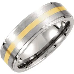 Titanium & 14K Yellow Inlay 7 mm Ridged & Satin Finished Band Size 8.5