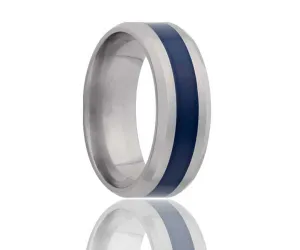 Titanium Beveled Edge Dark Blue Inlay Ring