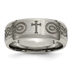 Titanium Brushed & Polished Cross Laser Design 8mm Beveled Edge Band