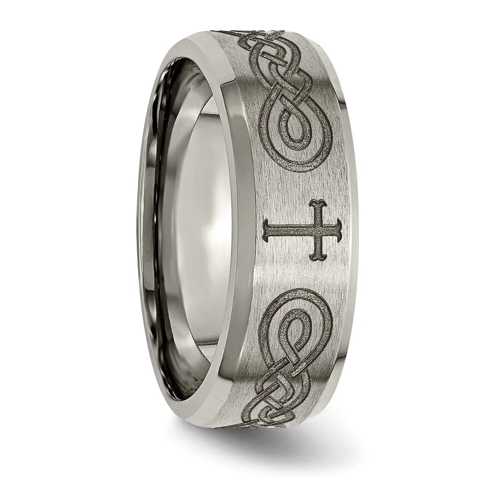 Titanium Brushed & Polished Cross Laser Design 8mm Beveled Edge Band