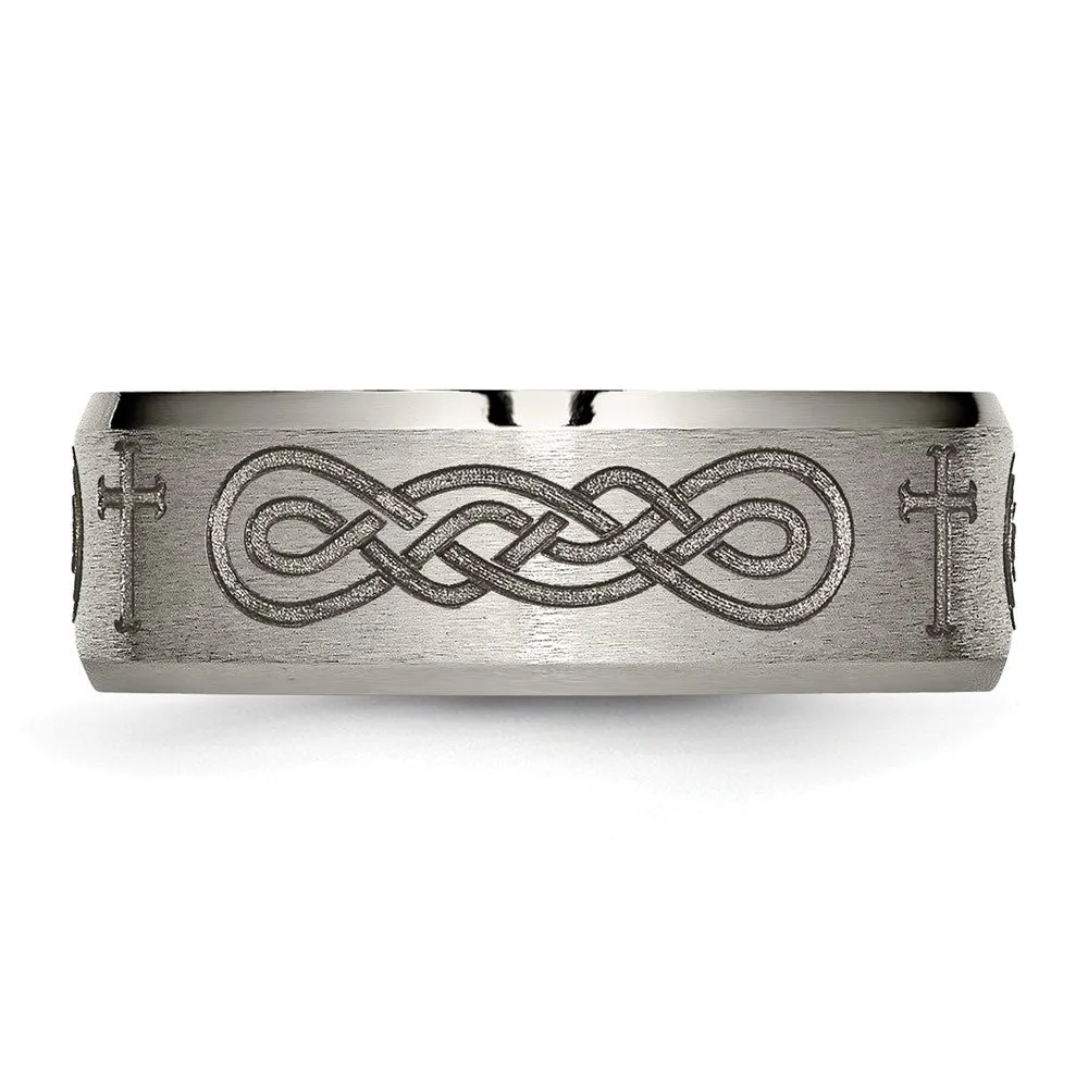 Titanium Brushed & Polished Cross Laser Design 8mm Beveled Edge Band