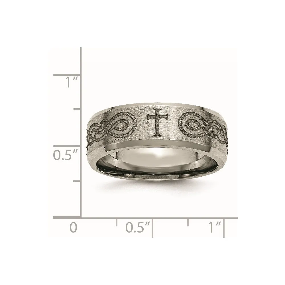 Titanium Brushed & Polished Cross Laser Design 8mm Beveled Edge Band