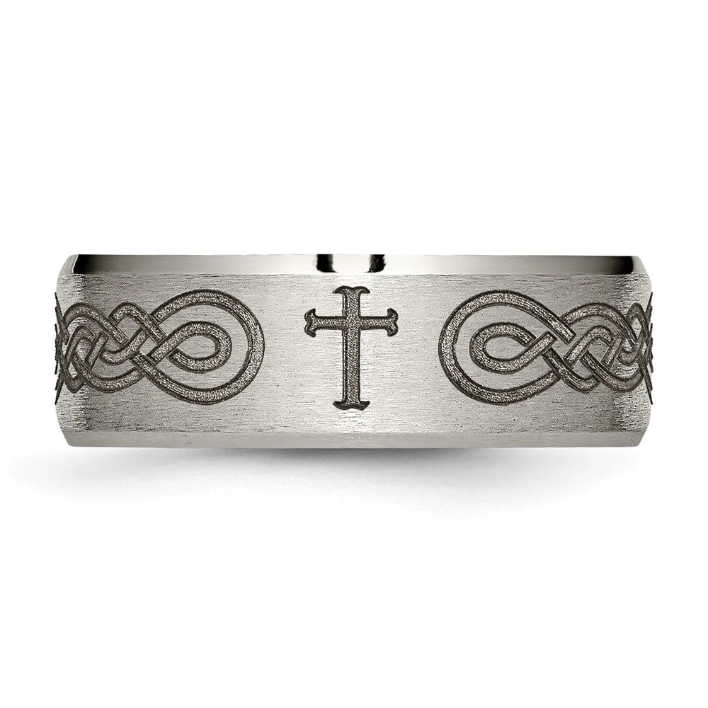 Titanium Brushed & Polished Cross Laser Design 8mm Beveled Edge Band