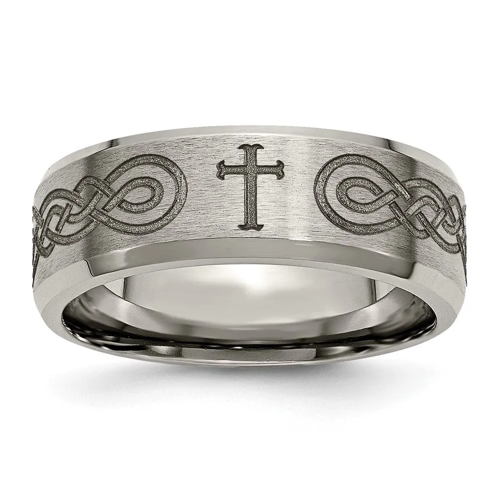 Titanium Brushed & Polished Cross Laser Design 8mm Beveled Edge Band