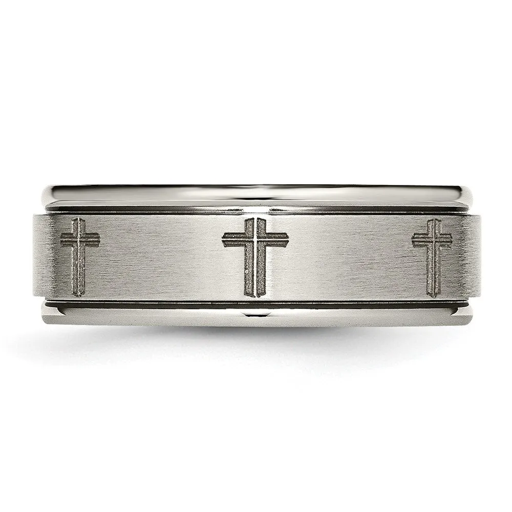 Titanium Brushed & Polished Cross Laser Design 8mm Ridged Edge Band
