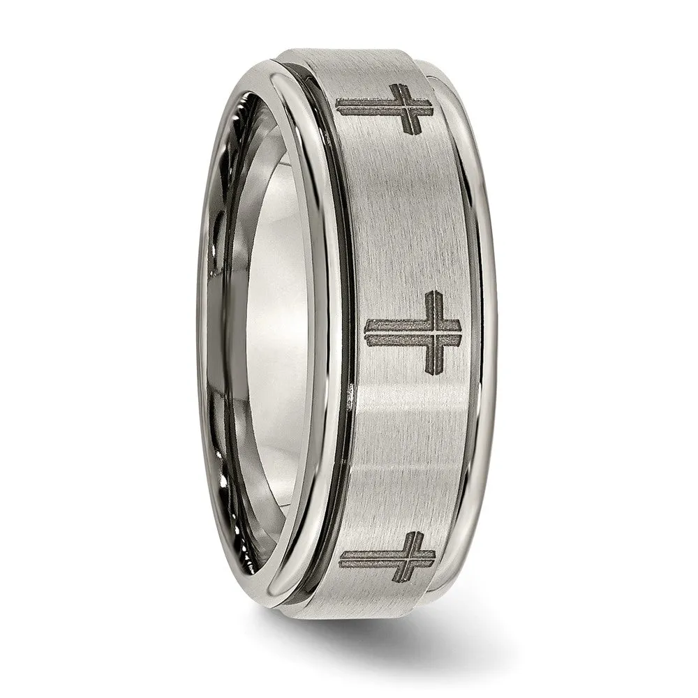 Titanium Brushed & Polished Cross Laser Design 8mm Ridged Edge Band