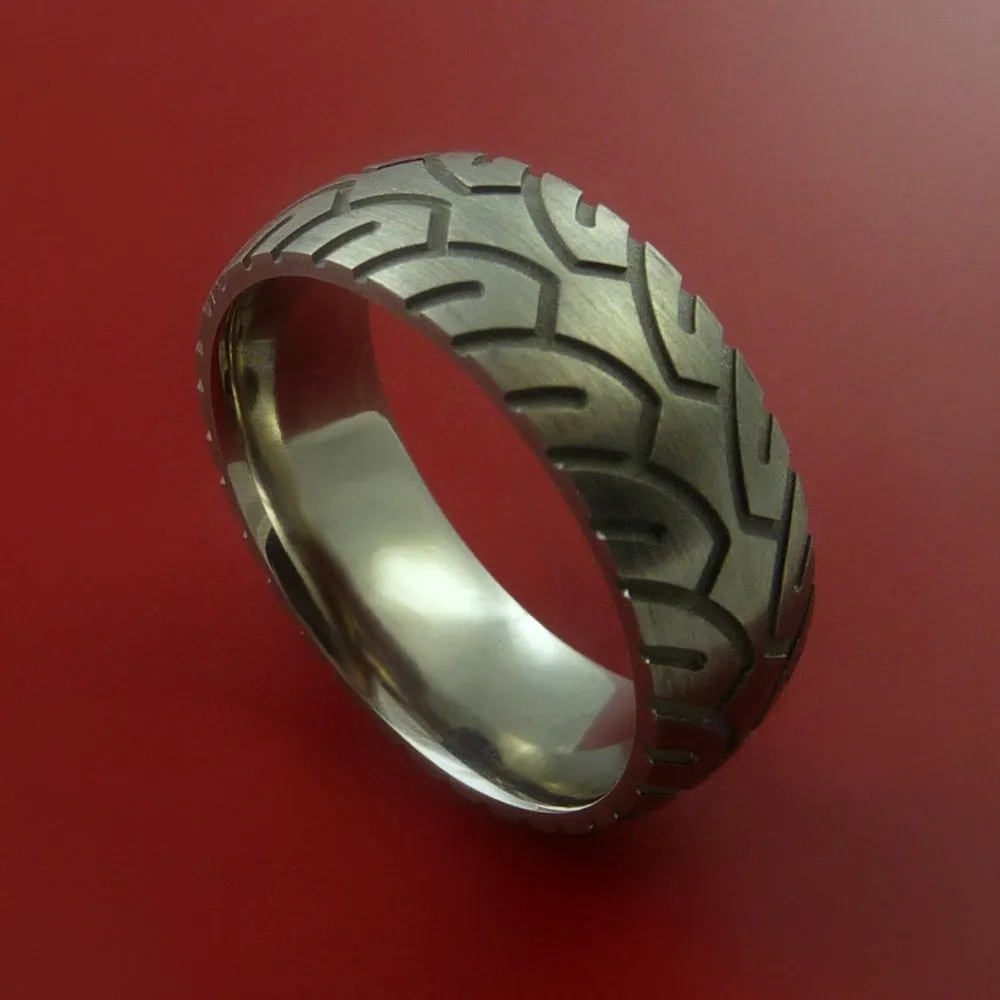 Titanium Carved Tread Design Ring Bold Unique Band Custom Made to Any Sizing 4-22