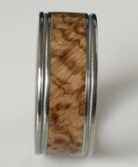 Titanium Wood Ring Brown Maple Burl Band Custom Wedding Band Available in Comfort Fit Mens and Ladies Size 4-18 Unique Exotic Wooden Design
