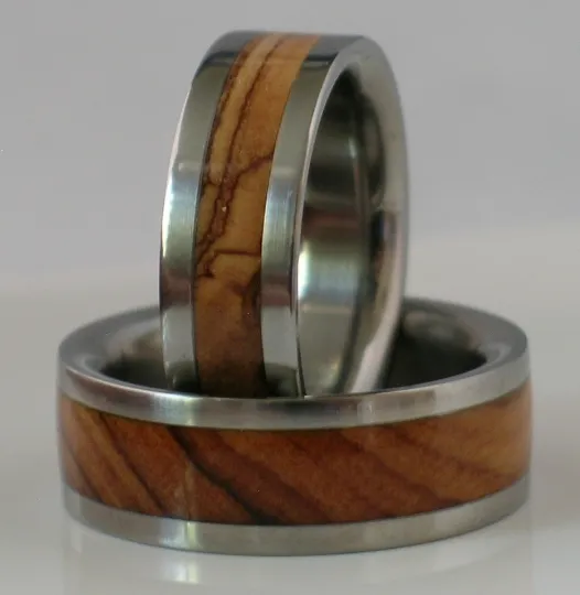Titanium Wooden Wedding Band Set of TWO Custom Made Rings Inlaid with Bethlehem Olive Wood from the Holy Land Available in size 4-17