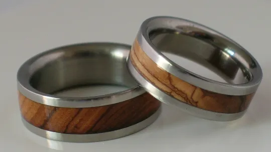 Titanium Wooden Wedding Band Set of TWO Custom Made Rings Inlaid with Bethlehem Olive Wood from the Holy Land Available in size 4-17