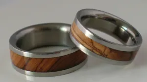 Titanium Wooden Wedding Band Set of TWO Custom Made Rings Inlaid with Bethlehem Olive Wood from the Holy Land Available in size 4-17