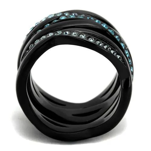 TK2492 IP Black(Ion Plating) Stainless Steel Ring with Top Grade Crystal in Sea Blue