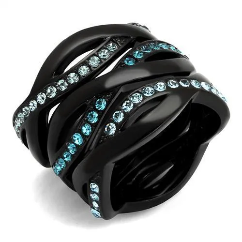 TK2492 IP Black(Ion Plating) Stainless Steel Ring with Top Grade Crystal in Sea Blue