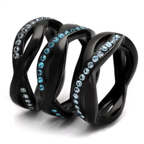 TK2492 IP Black(Ion Plating) Stainless Steel Ring with Top Grade Crystal in Sea Blue