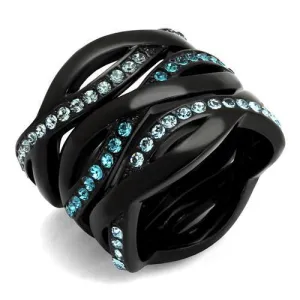TK2492 IP Black(Ion Plating) Stainless Steel Ring with Top Grade Crystal in Sea Blue
