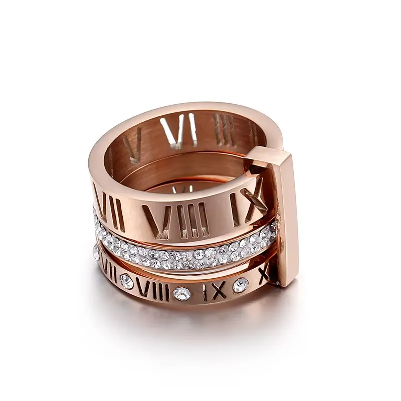 Trendy Shell Stainless Steel Rings Rings for Women Girls Three Layers Roman Numerals Rhinestone Bridal Women Rings Jewelry