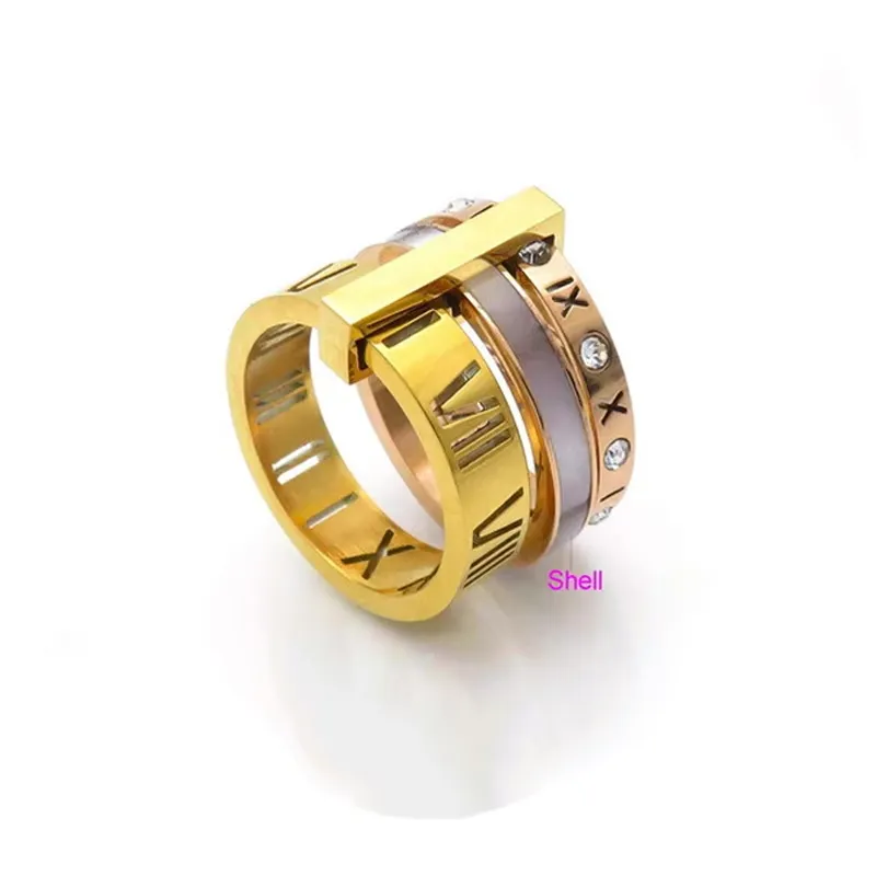 Trendy Shell Stainless Steel Rings Rings for Women Girls Three Layers Roman Numerals Rhinestone Bridal Women Rings Jewelry