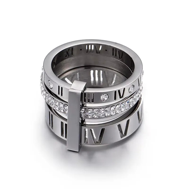 Trendy Shell Stainless Steel Rings Rings for Women Girls Three Layers Roman Numerals Rhinestone Bridal Women Rings Jewelry
