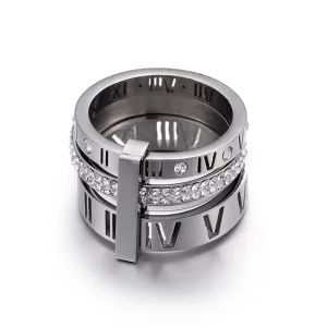 Trendy Shell Stainless Steel Rings Rings for Women Girls Three Layers Roman Numerals Rhinestone Bridal Women Rings Jewelry