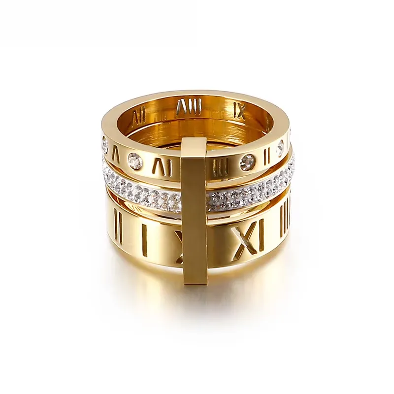 Trendy Shell Stainless Steel Rings Rings for Women Girls Three Layers Roman Numerals Rhinestone Bridal Women Rings Jewelry