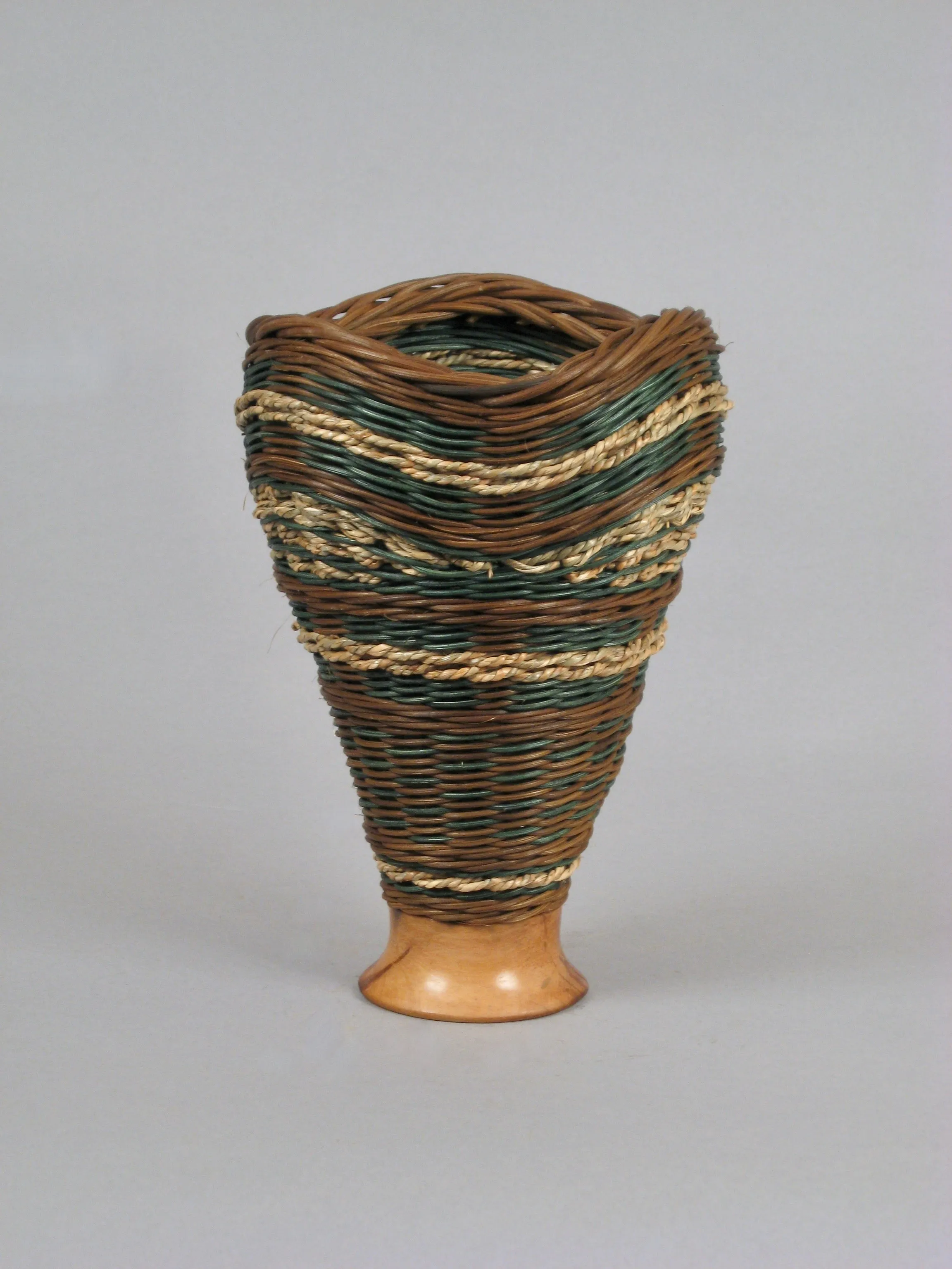 Triple Waves with Cherry” Mixed Media Basket with Hand Turned Wood Base