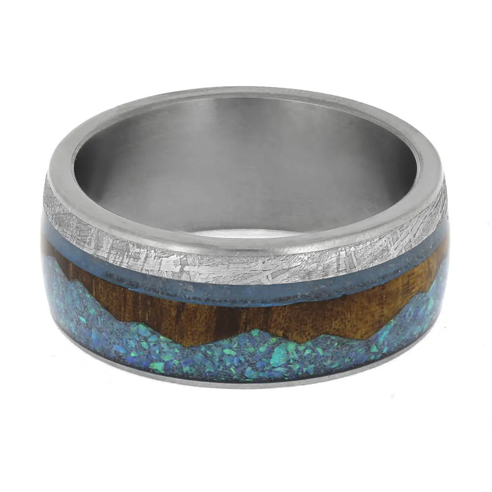 Tropical Mountain Wedding Band with Wood, Opal, and Meteorite