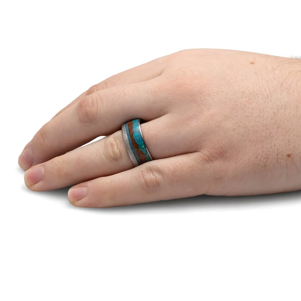 Tropical Mountain Wedding Band with Wood, Opal, and Meteorite