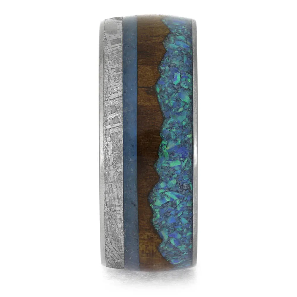 Tropical Mountain Wedding Band with Wood, Opal, and Meteorite