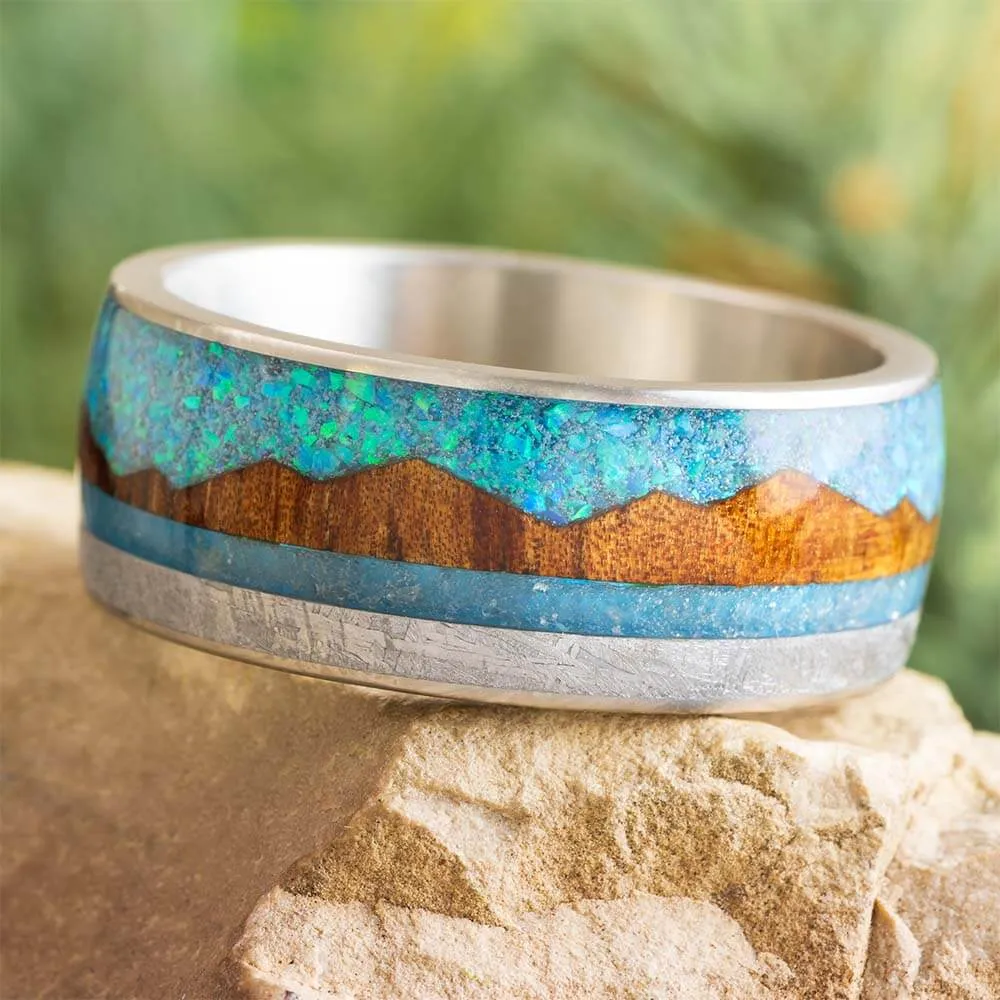 Tropical Mountain Wedding Band with Wood, Opal, and Meteorite