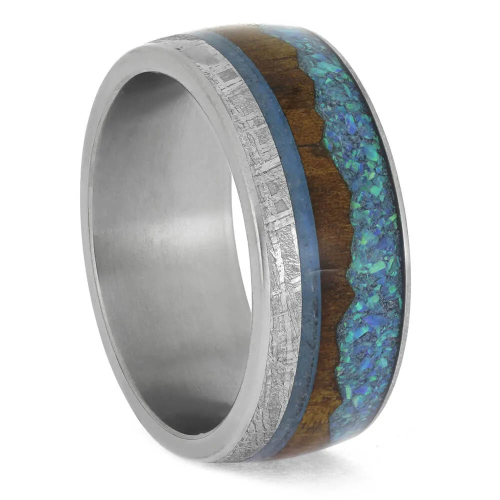 Tropical Mountain Wedding Band with Wood, Opal, and Meteorite