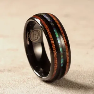 Tungsten Carbide Ring with Abalone Shell and Koa Wood Tri Inlay (8mm Width)