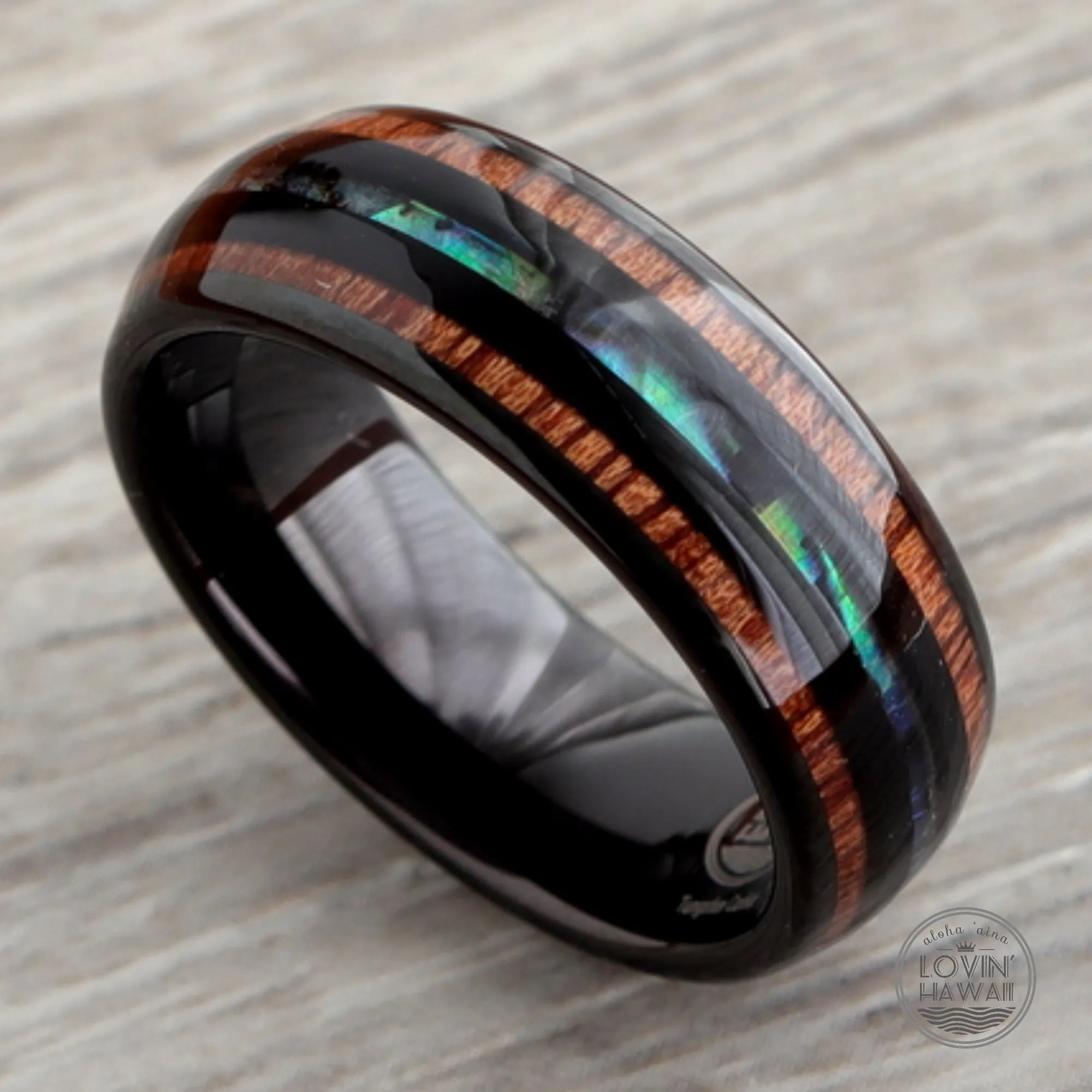 Tungsten Carbide Ring with Abalone Shell and Koa Wood Tri Inlay (8mm Width)