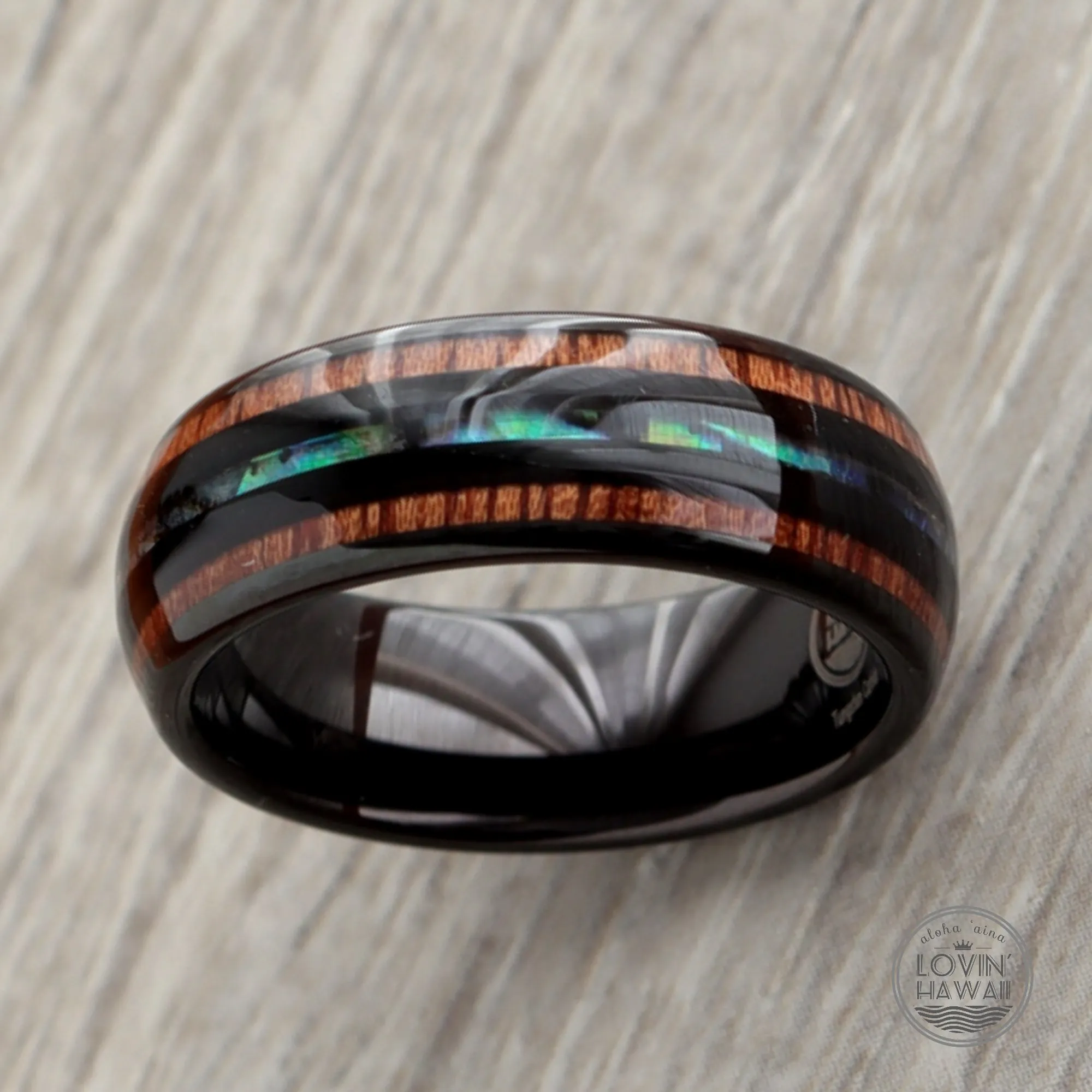 Tungsten Carbide Ring with Abalone Shell and Koa Wood Tri Inlay (8mm Width)