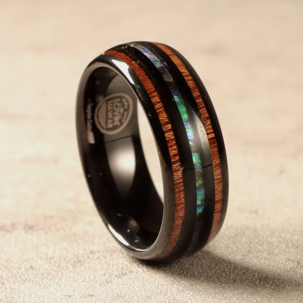 Tungsten Carbide Ring with Abalone Shell and Koa Wood Tri Inlay (8mm Width)