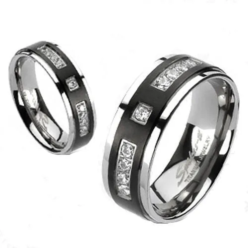 Two-Tone Mirror Polished Titanium Ring with Multiple CZ Accents Ion Plated Black Center Band. Couple Ring