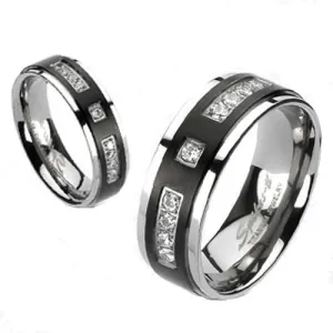 Two-Tone Mirror Polished Titanium Ring with Multiple CZ Accents Ion Plated Black Center Band. Couple Ring