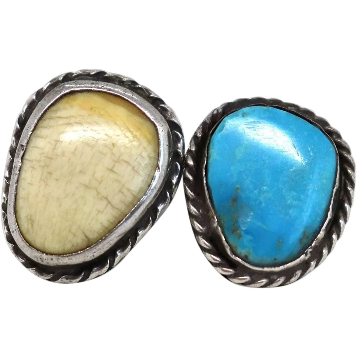 Two Vintage Native American Silver, Antler and Turquoise Rings