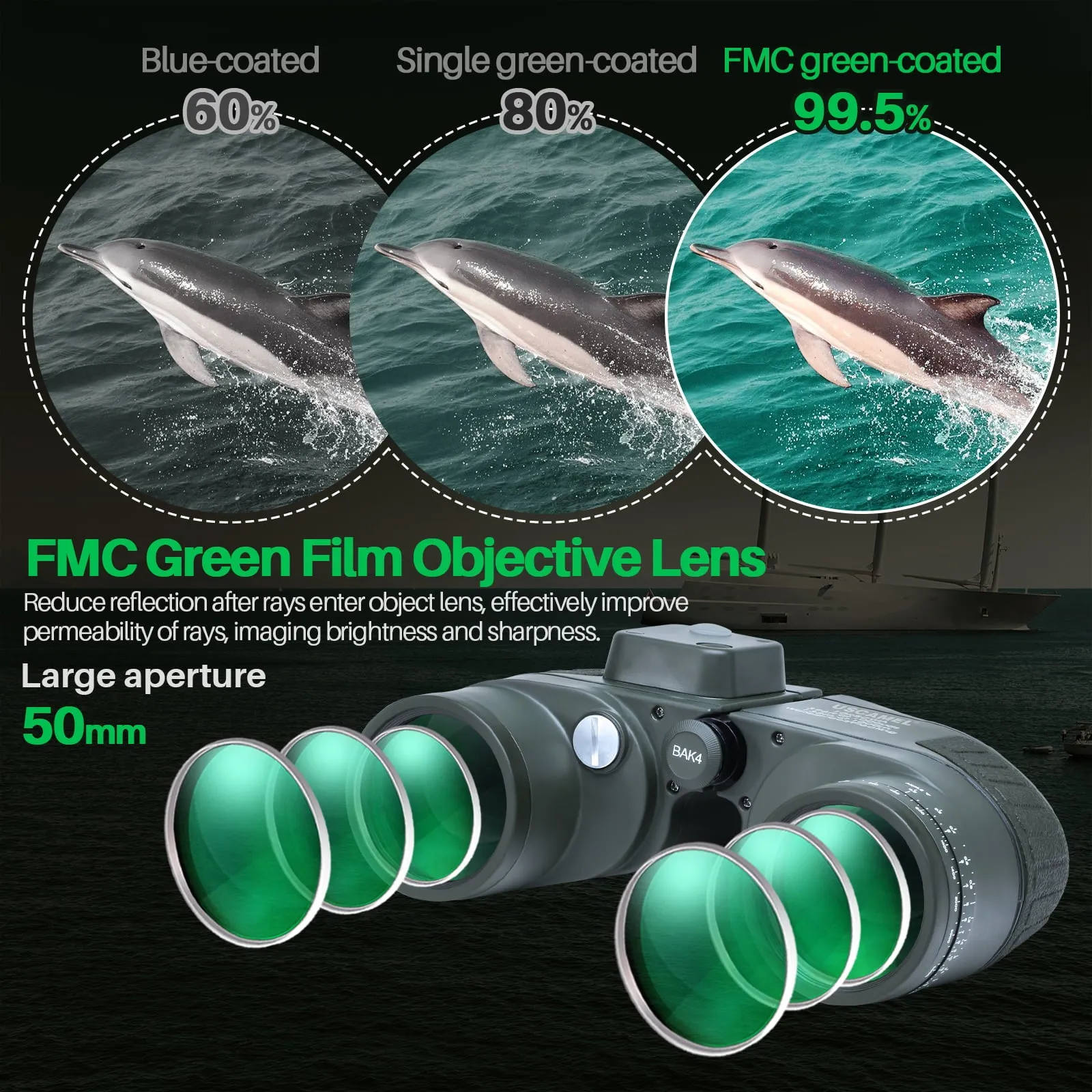 USCAMEL 10X50 Marine Binoculars for Adults, Low Light Night Vision Binoculars with Rangefinder Compass, BAK4 Waterproof Military Tactical Binoculars for Boating Navigation Hunting