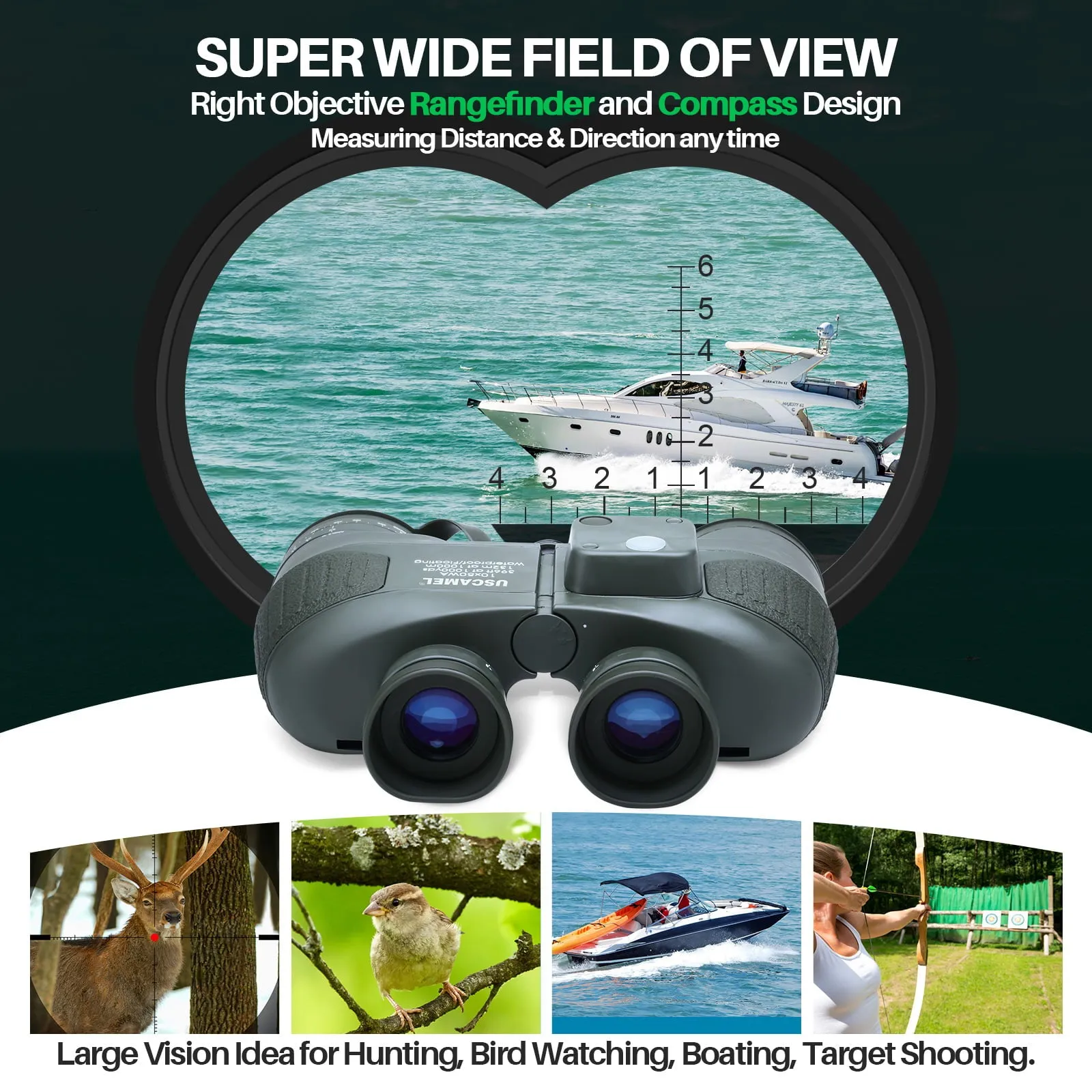 USCAMEL 10X50 Marine Binoculars for Adults, Low Light Night Vision Binoculars with Rangefinder Compass, BAK4 Waterproof Military Tactical Binoculars for Boating Navigation Hunting
