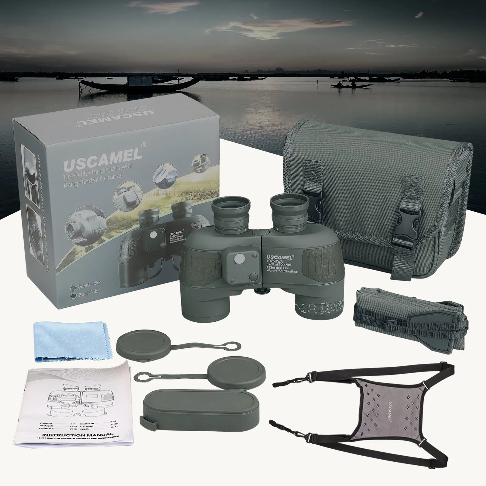 USCAMEL 10X50 Marine Binoculars for Adults, Low Light Night Vision Binoculars with Rangefinder Compass, BAK4 Waterproof Military Tactical Binoculars for Boating Navigation Hunting
