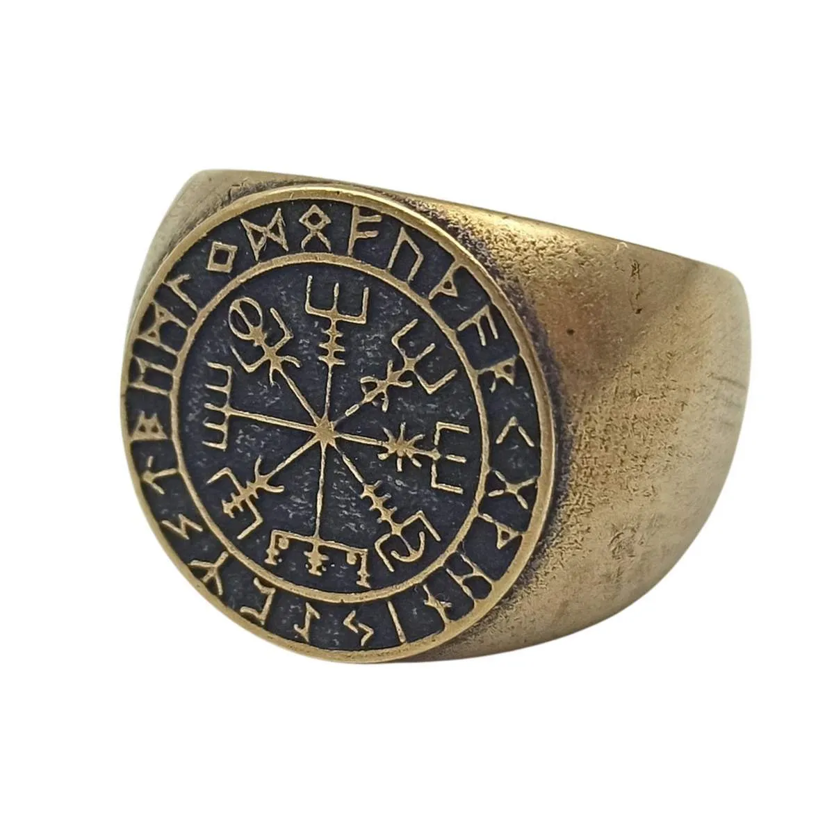 Vegvisir in Elder Futhark circle bronze ring
