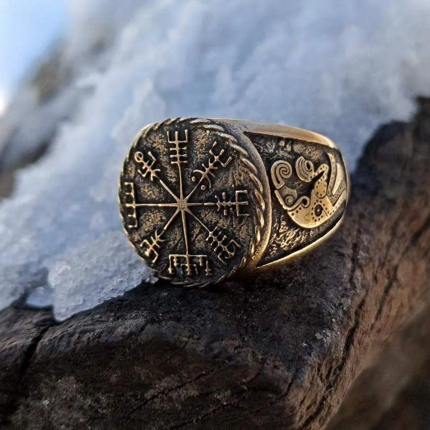 Vegvisir signet ring Viking compass bronze ring