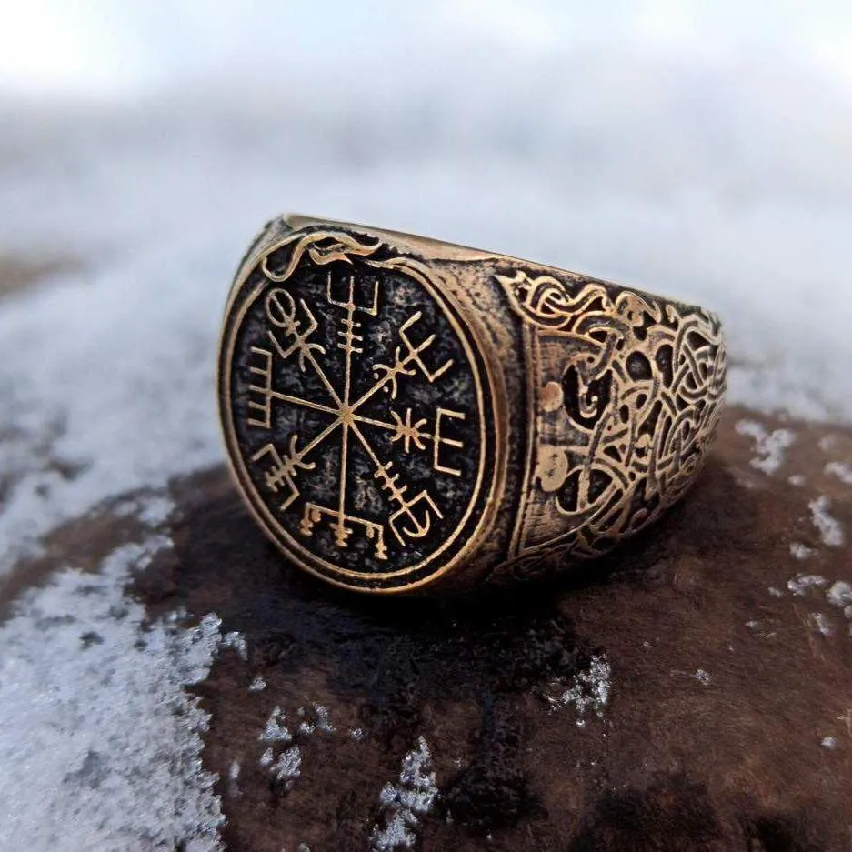 Viking compass signet bronze ring
