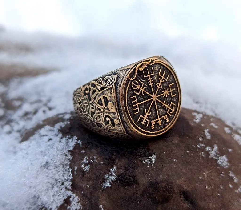Viking compass signet bronze ring