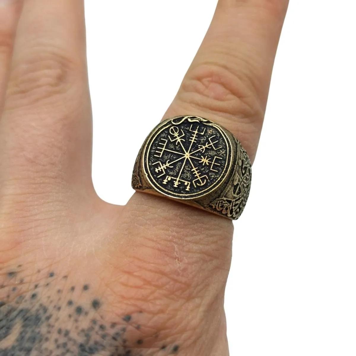 Viking compass signet bronze ring
