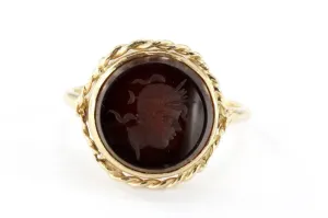 Vintage 14K Gold Carnelian Intaglio Warrior Soldier Cameo Rope Border Ring