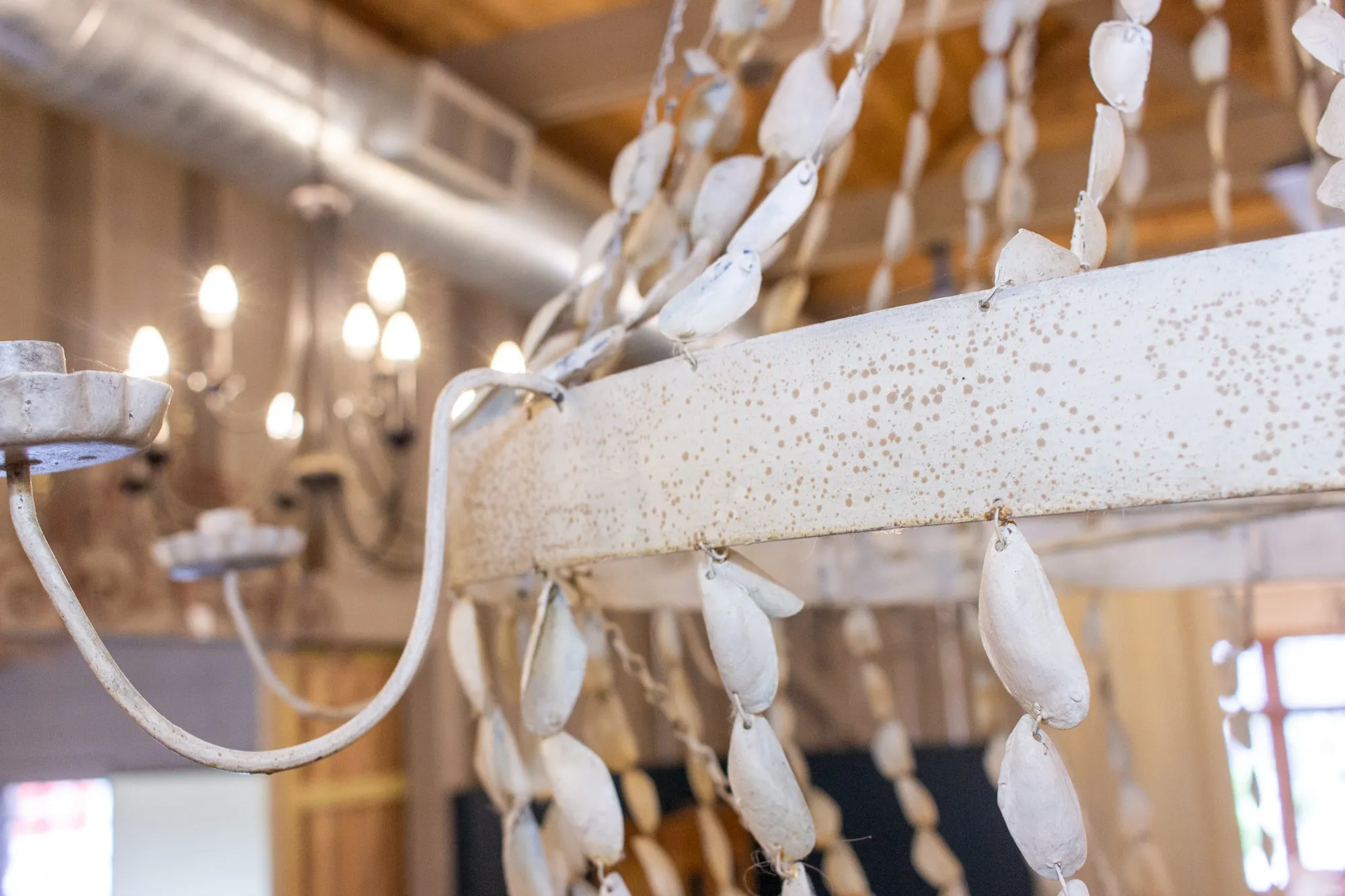 Vintage Spanish Painted Metal & Seashell Chandelier with 8 Candelabra Arms