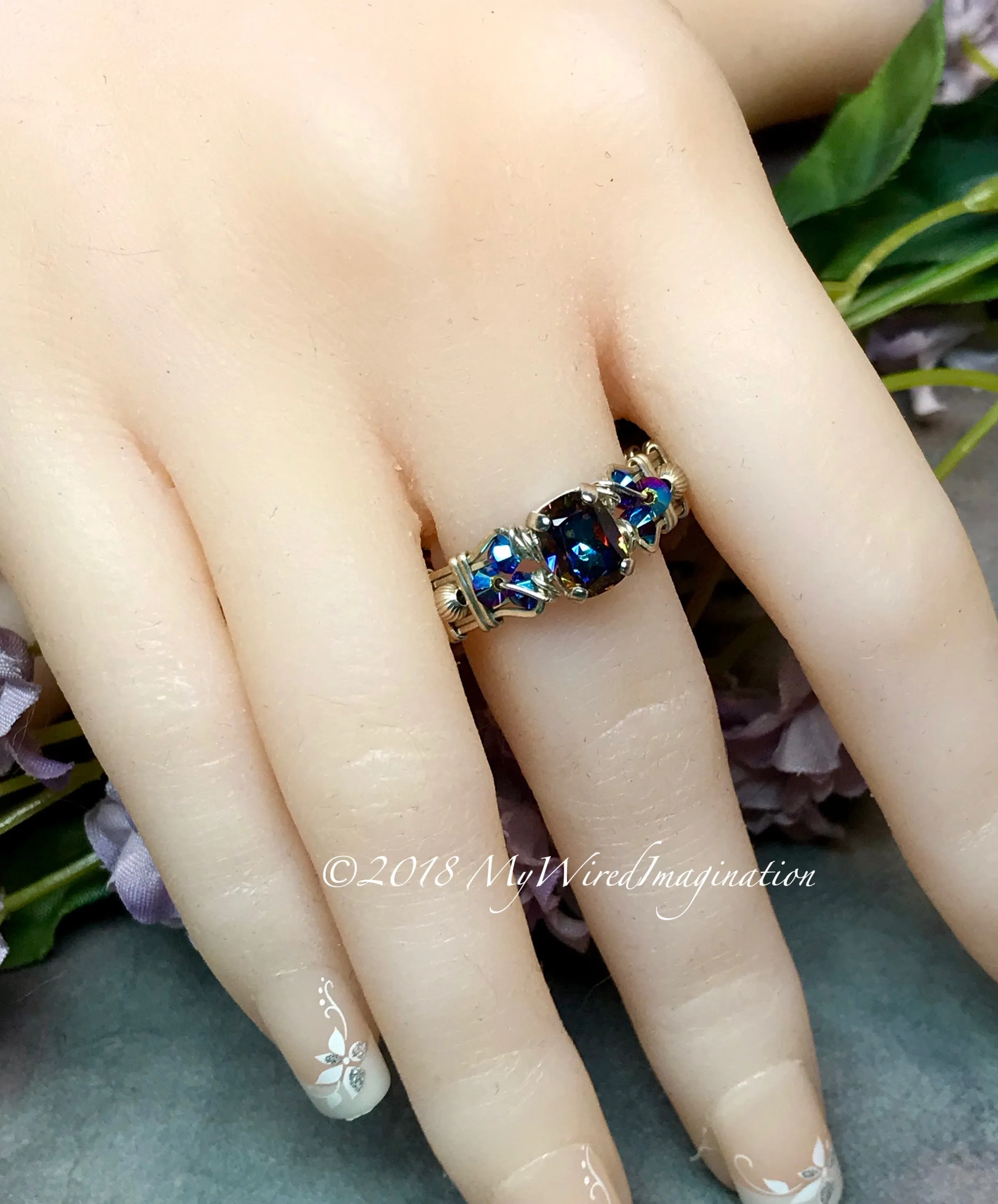 Vitrail Dark, Vintage Swarovski Crystal, Handmade Ring in Sterling Silver US Size 10.5